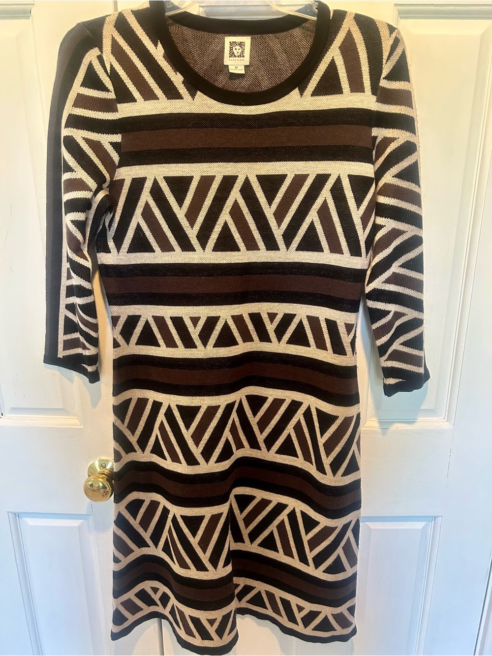 Anne Klein Brown and Cream Geometric Knit A-Line Dress
